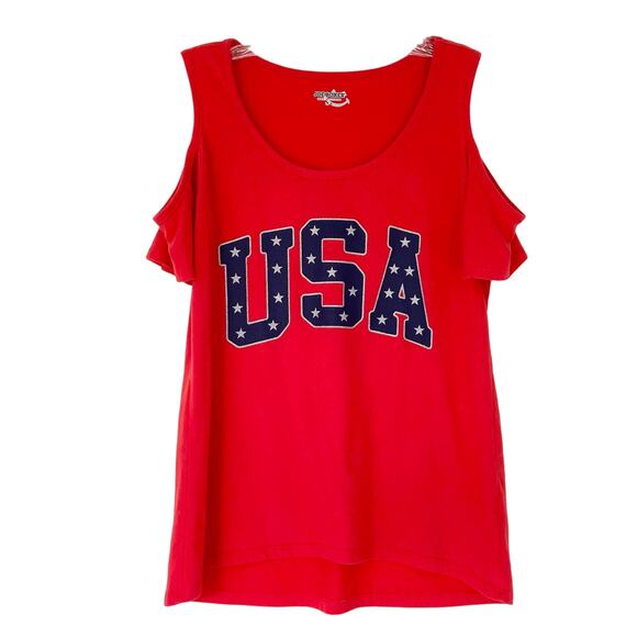 NWOT JOE BOXER Top L Red Blue Silver Glitter Graphic USA Stars Cut-Out-Shoulder - Picture 1 of 6